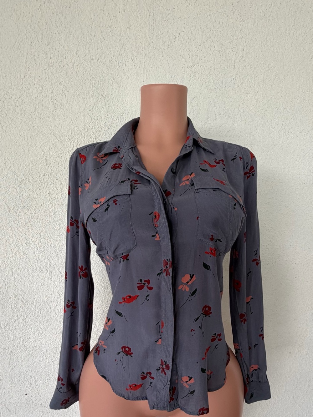 Lucky Brand Gray Button-Down Shirt with Red & Pink Floral Print